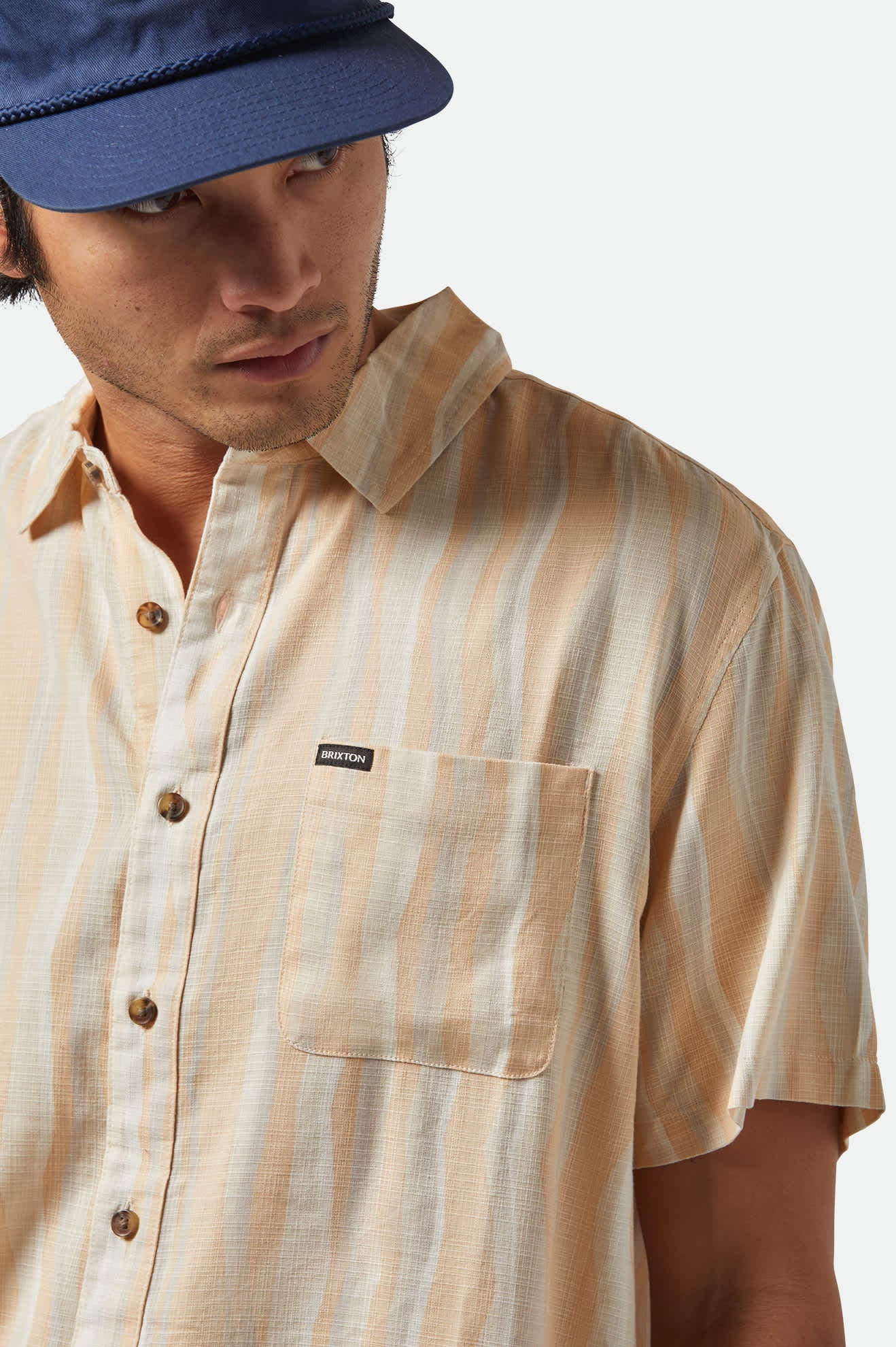 Men's CRU Slub Relaxed S/S Shirt in the color Hazelnut/Painterly Stripe - Additional Fit image