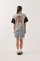 Women's Winners Circle Boxy Football T-Shirt in the color Heather Grey/Black - Women's Back View