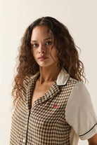 Women's Silky Bowling Button Down Shirt in the color Khaki/Off White/Black Micro - Women's Side View