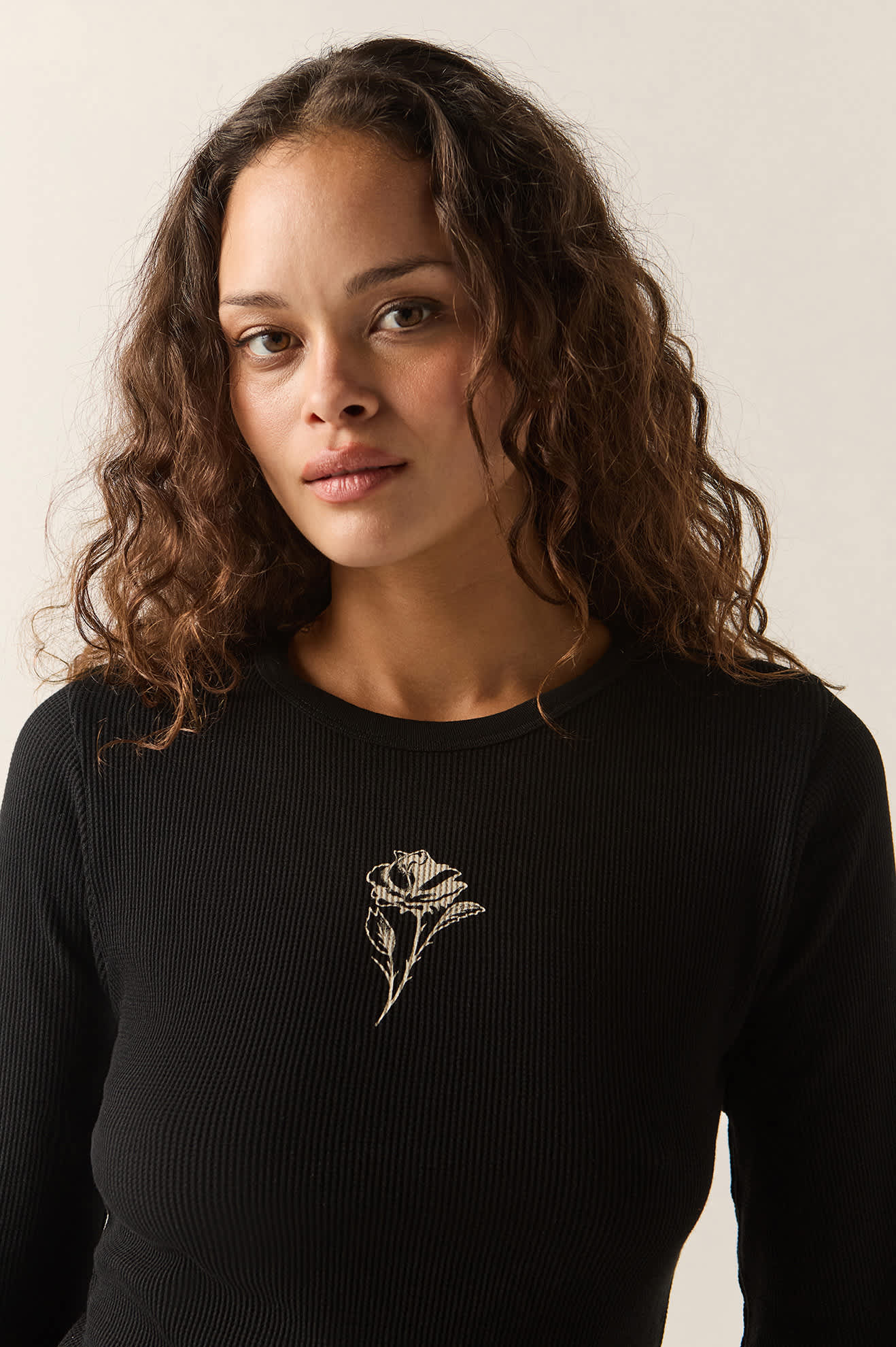 Women's La Rosa Waffle Knit Top in the color Black - Additional Fit image