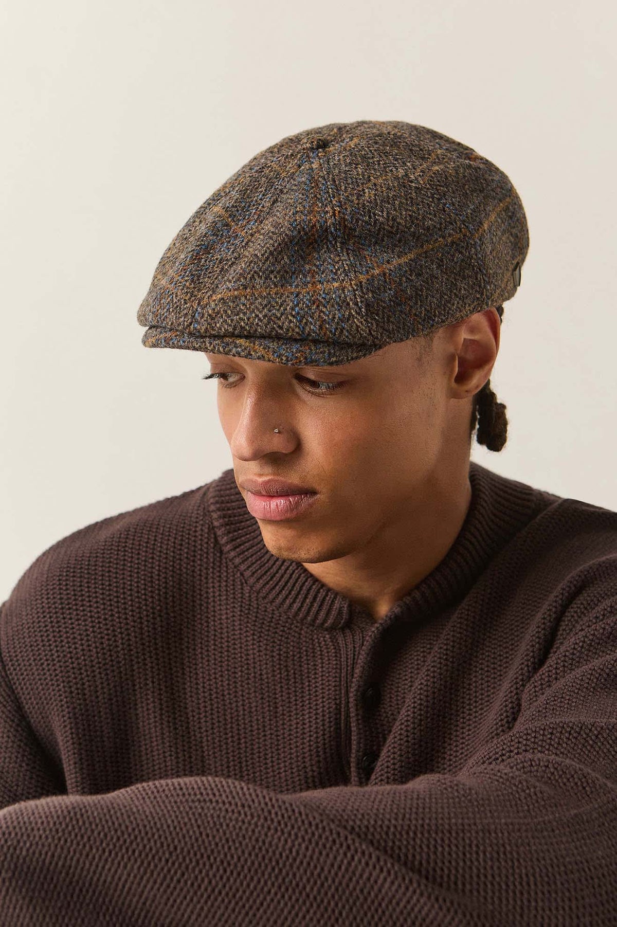 Unisex Brood Newsboy Cap in the color Slate Blue/Sepia/Orange - Men's Side View