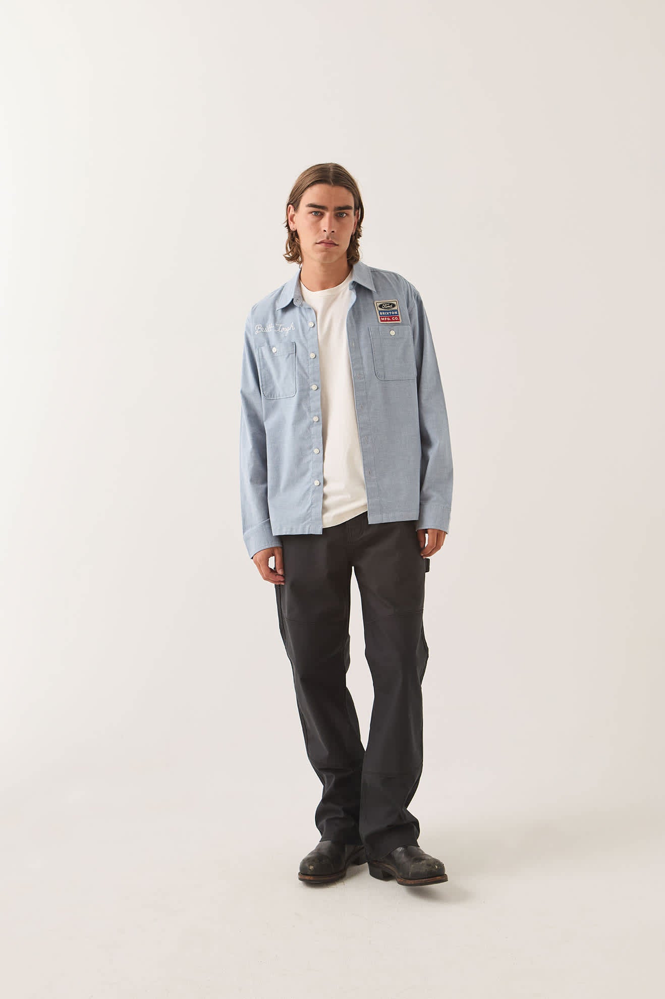 Men's Ford Service Dept Workshirt in the color Blue Chambray - Men's Front View