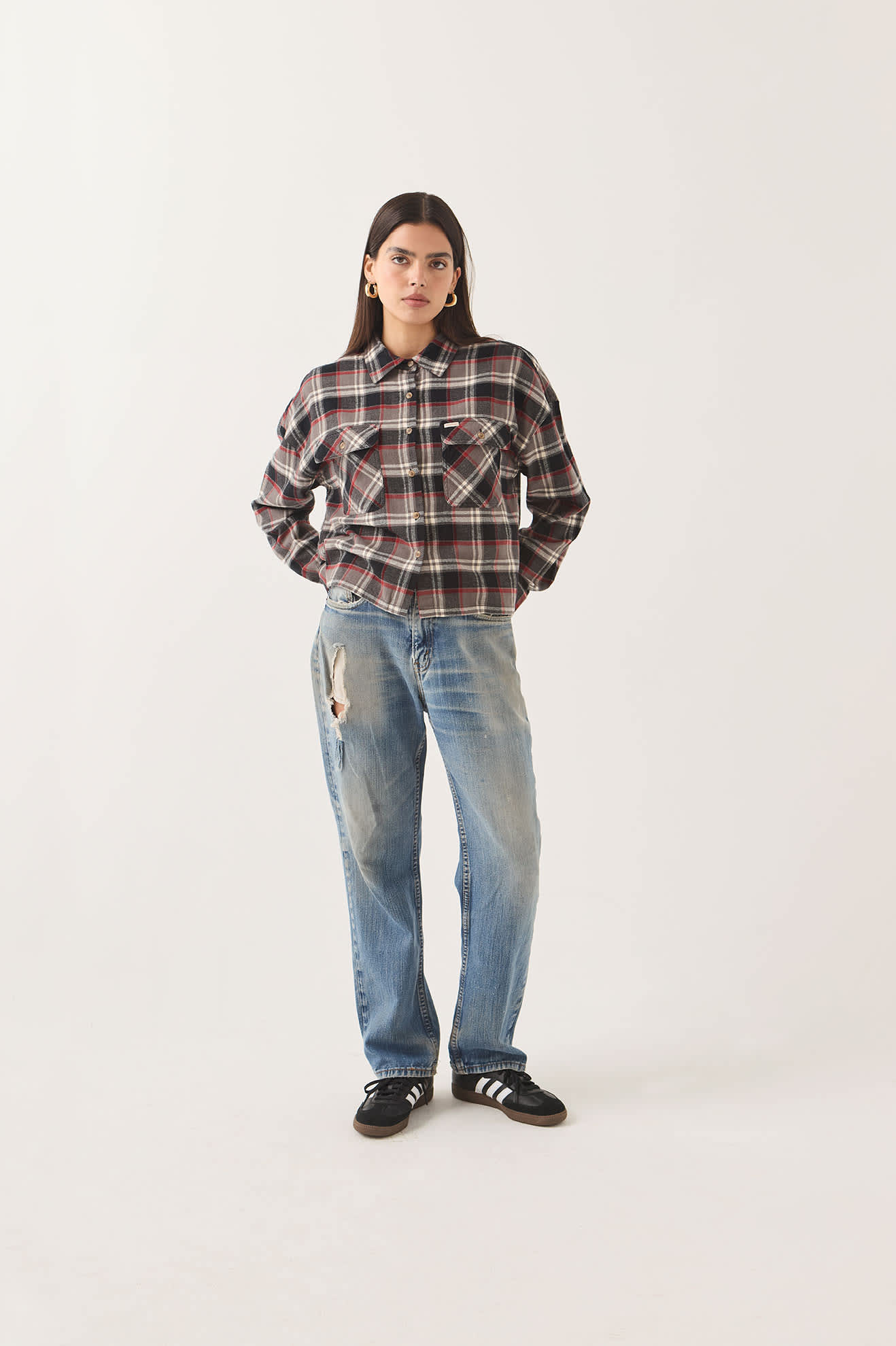 Women's Bowery Crop Women's Overshirt in the color Washed Black Plaid - Women's Front View