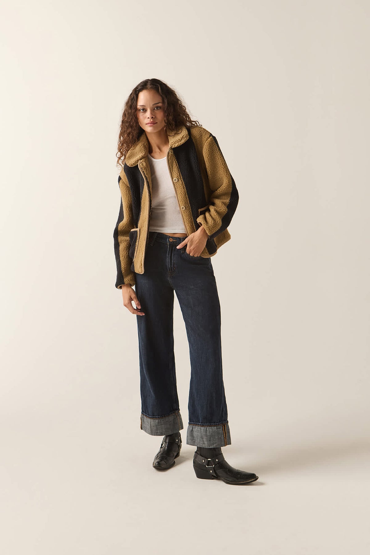 Women's Delilah Sherpa Jacket in the color Khaki/Black Stripe - Women's Front View