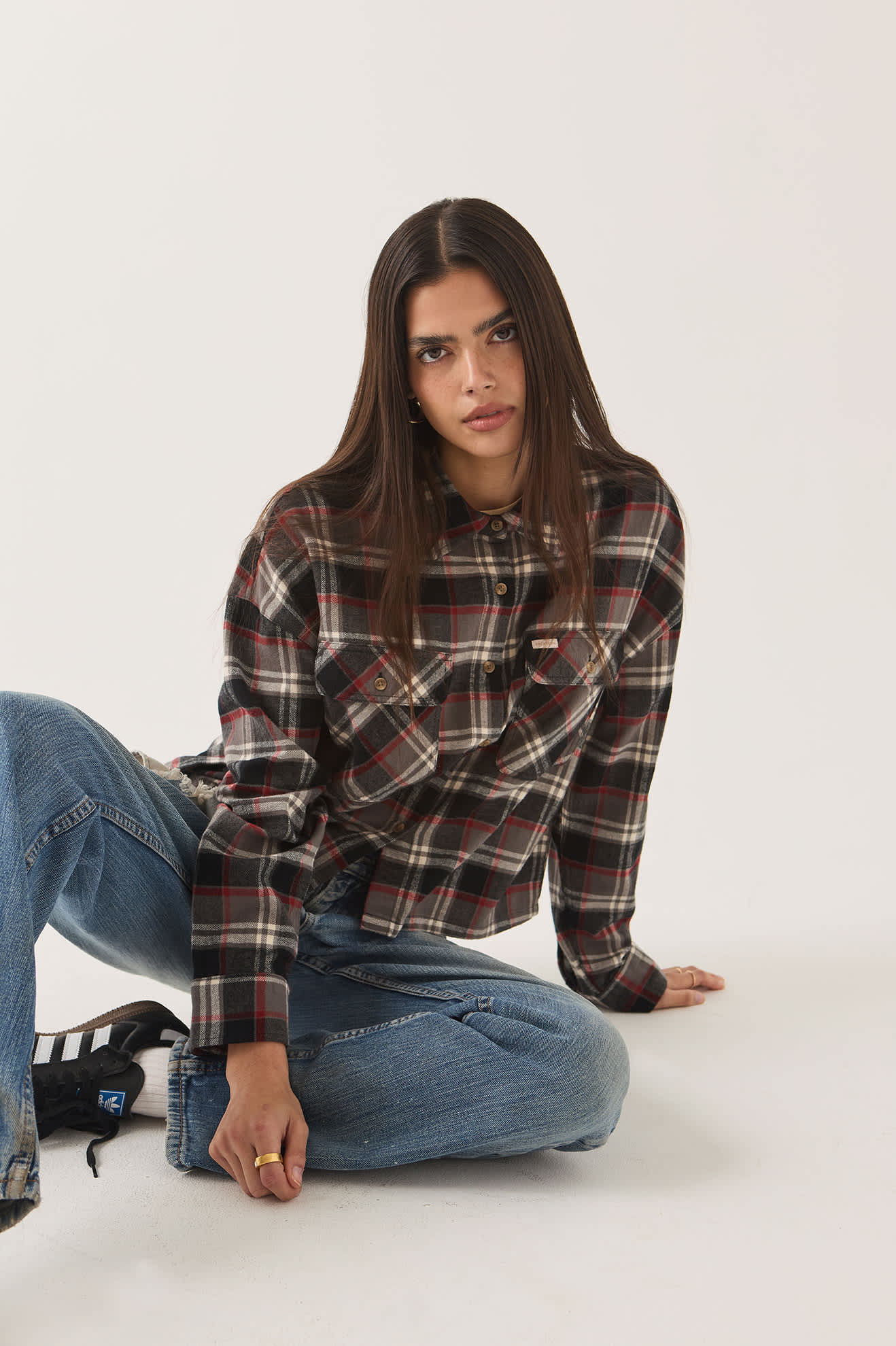 Women's Bowery Crop Women's Overshirt in the color Washed Black Plaid - Additional Fit image