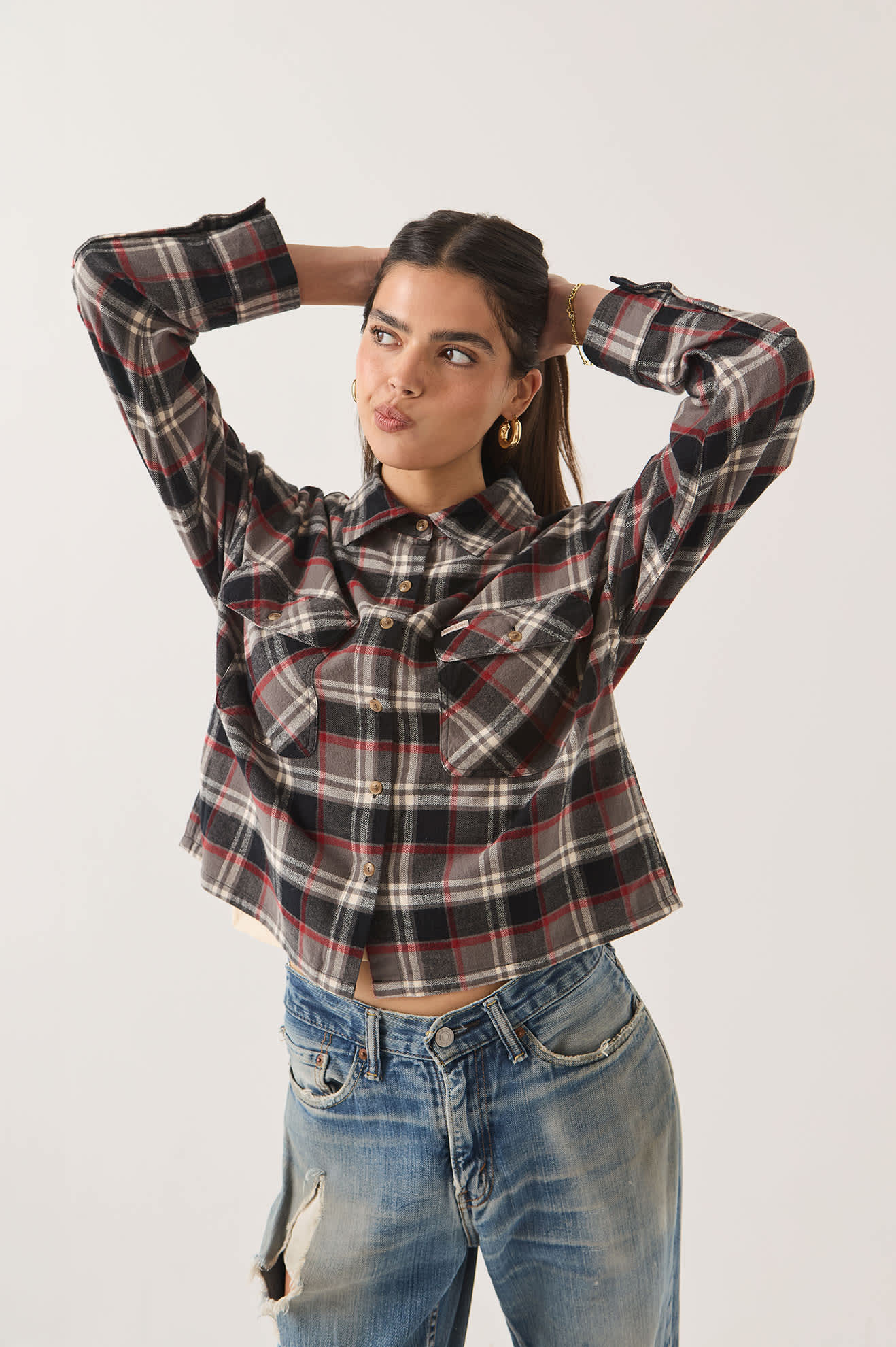 Women's Bowery Crop Women's Overshirt in the color Washed Black Plaid - Women's Side View
