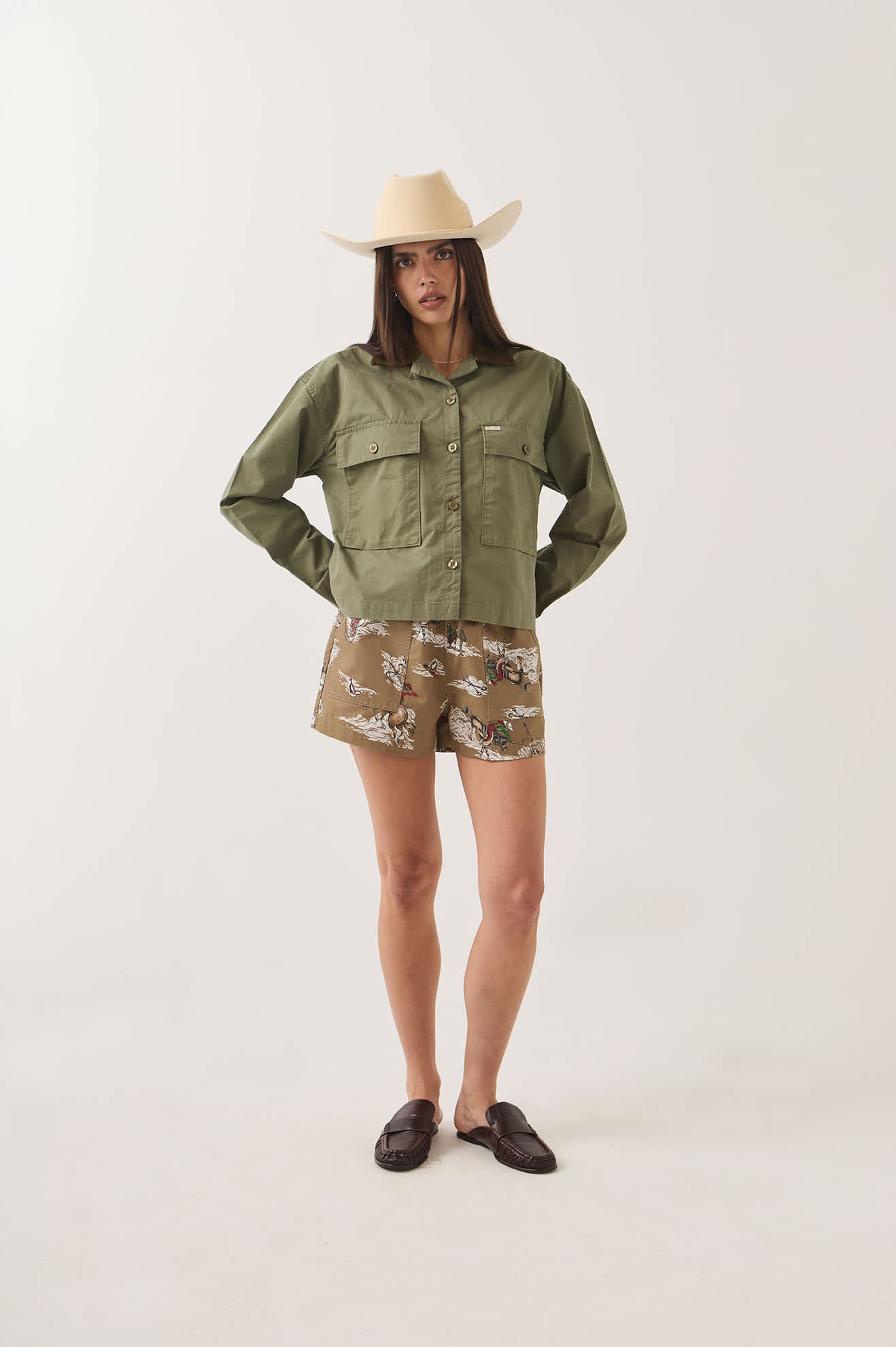 Women's Utopia Overshirt in the color Washed Olive Surplus - Women's Front View