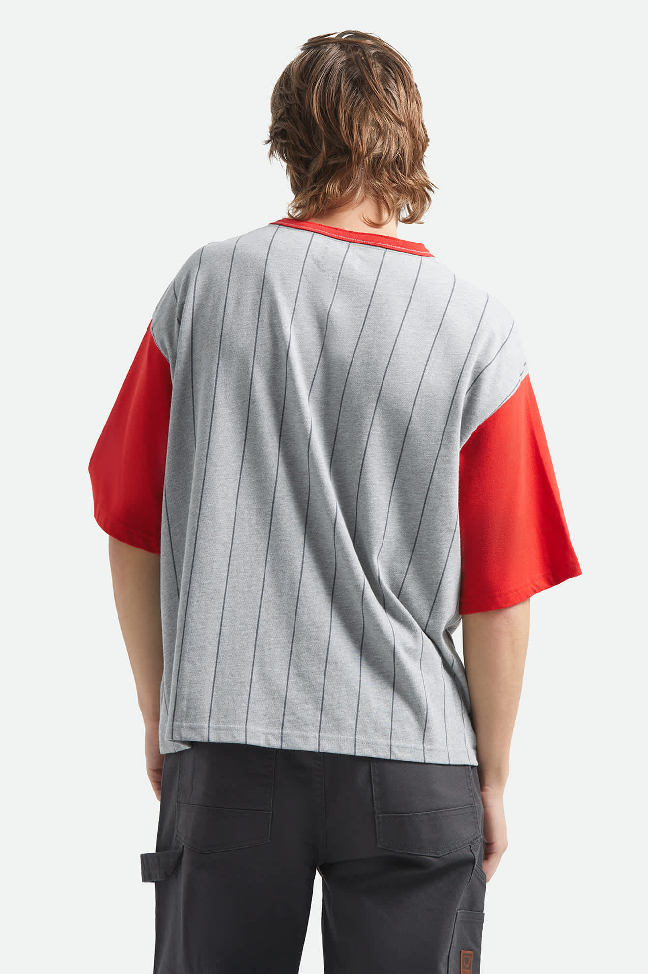 Men's Boxy Short Sleeve Baseball T-Shirt in the color Heather Grey/Adrenaline Rush - Men's Back View