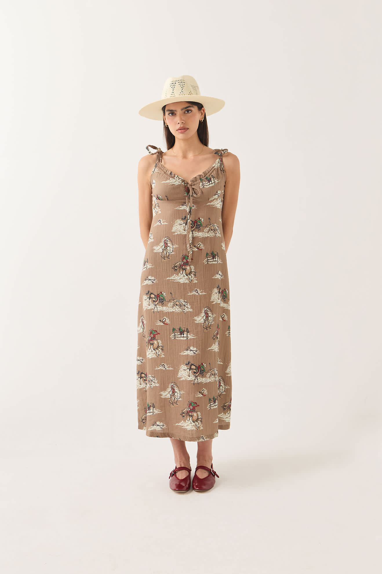 Women's The Tie Dress in the color Mid Century Cowboy Print - Women's Front View