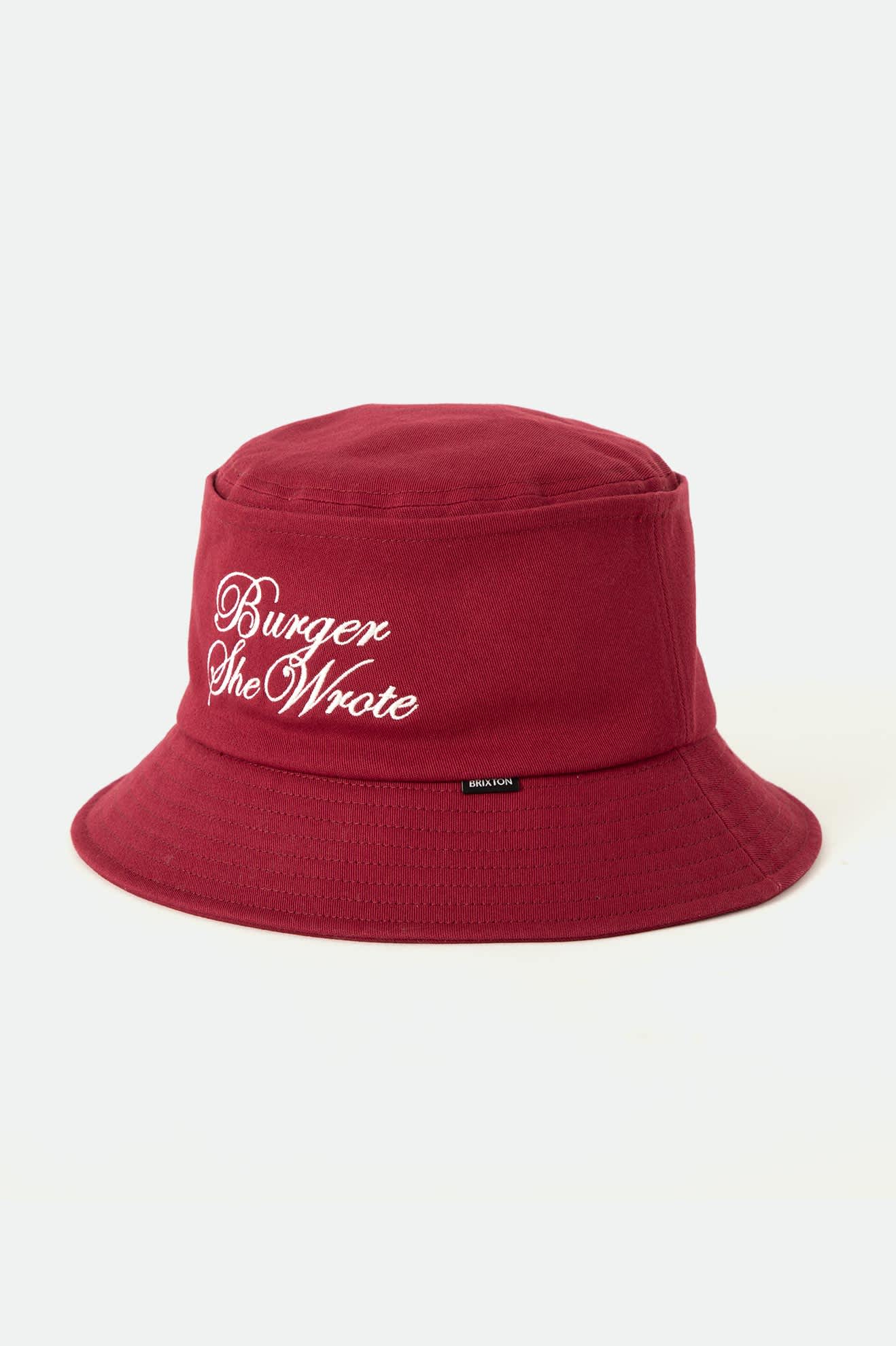 Unisex Burger She Wrote Bucket Hat in the color Burgundy - Front Product View