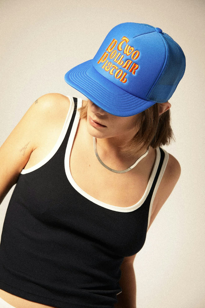 Women's Two Dollar Pistol Netplus Trucker Hat in the color Electric Blue/Electric Blue - Women's Front View