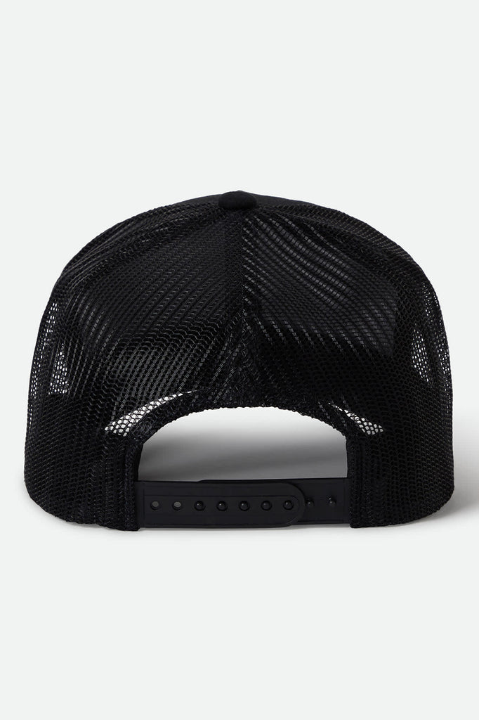 Unisex Gibson Netplus Trucker Hat in the color Black/Black - Back Style View