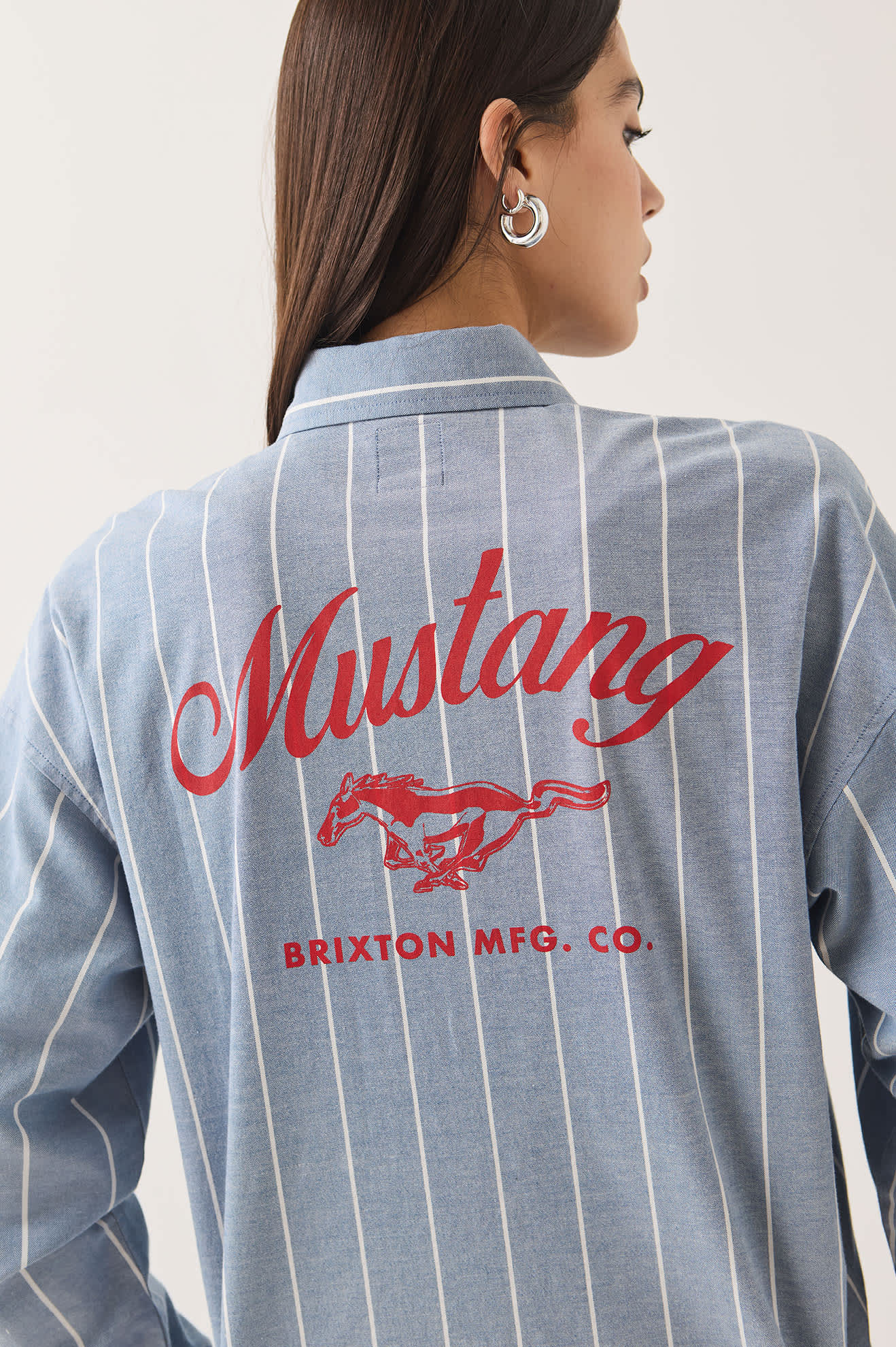 Women's Ford Mustang Sally Shirt in the color Blue Chambray/Stripe - Additional Fit image