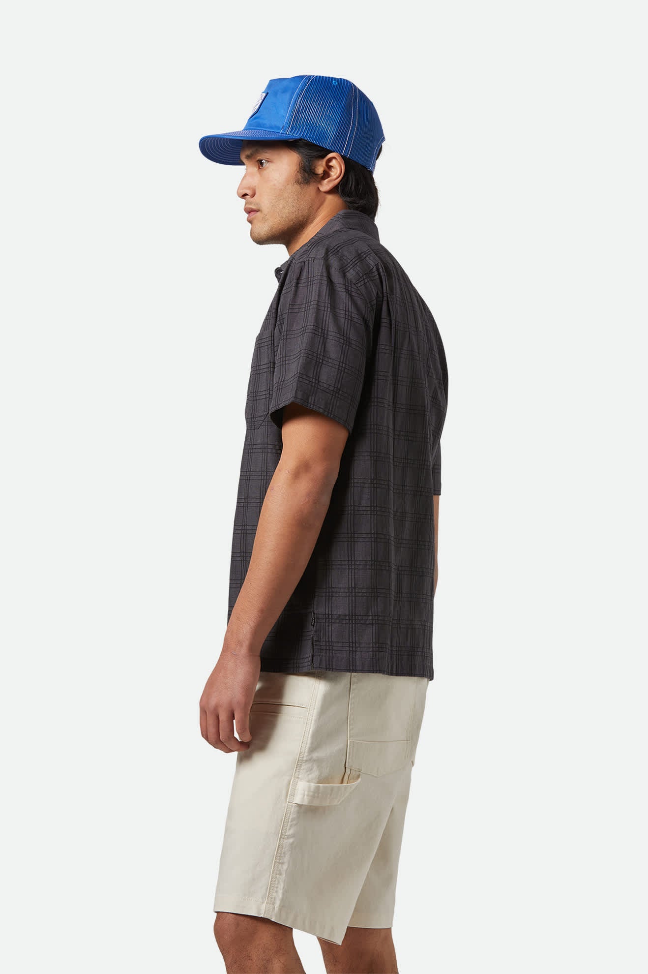 Men's CRU Oxford Plaid Relaxed S/S Shirt in the color Charcoal/Black Plaid - Men's Side View