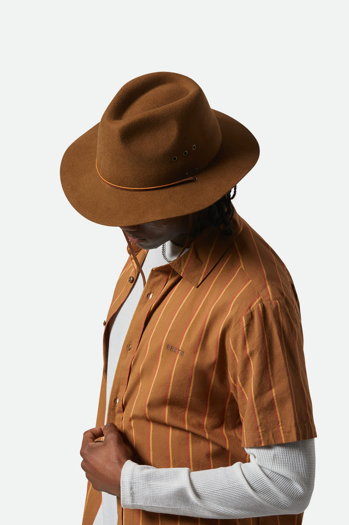 Unisex Wesley WTHR GUARD™ Packable Fedora in the color Coffee - Men's Front View