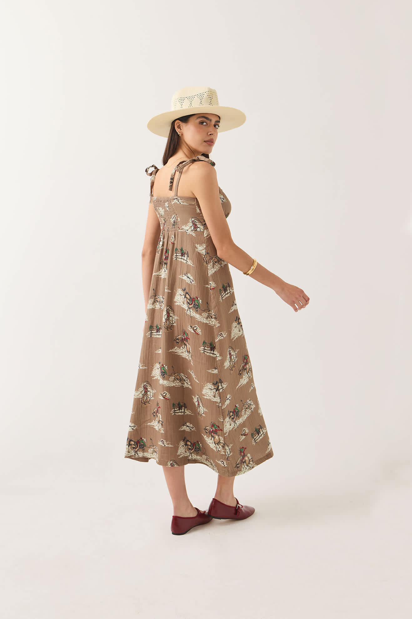 Women's The Tie Dress in the color Mid Century Cowboy Print - Women's Side View