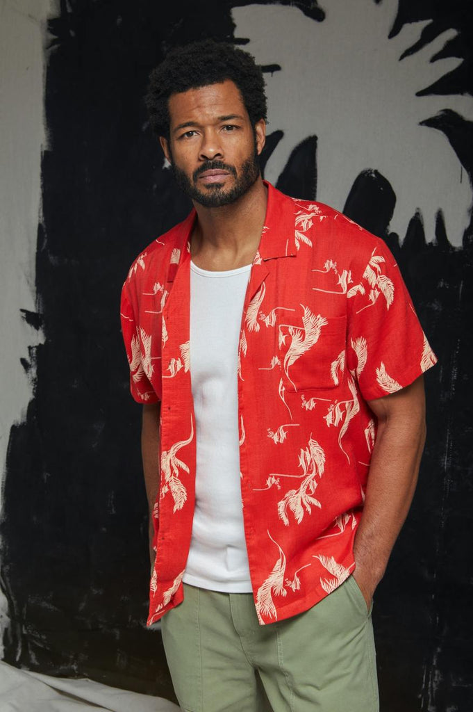 Brixton Bunker Slub S/S Woven Shirt - Aloha Red/White/Coconut