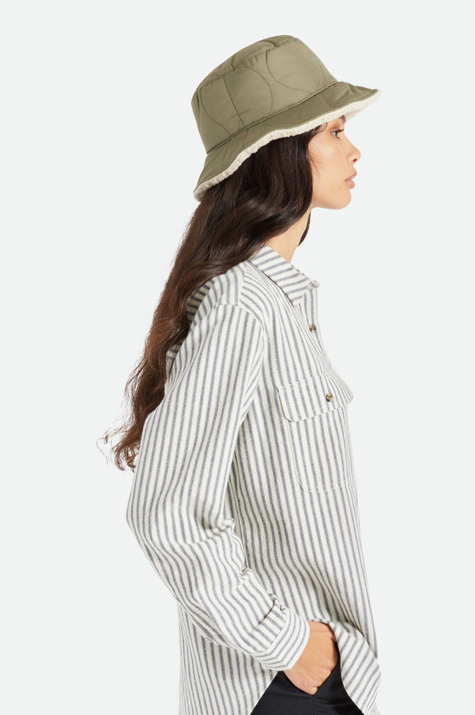 Brixton Petra Reversible Bucket Hat - Military Olive/Dove Sherpa